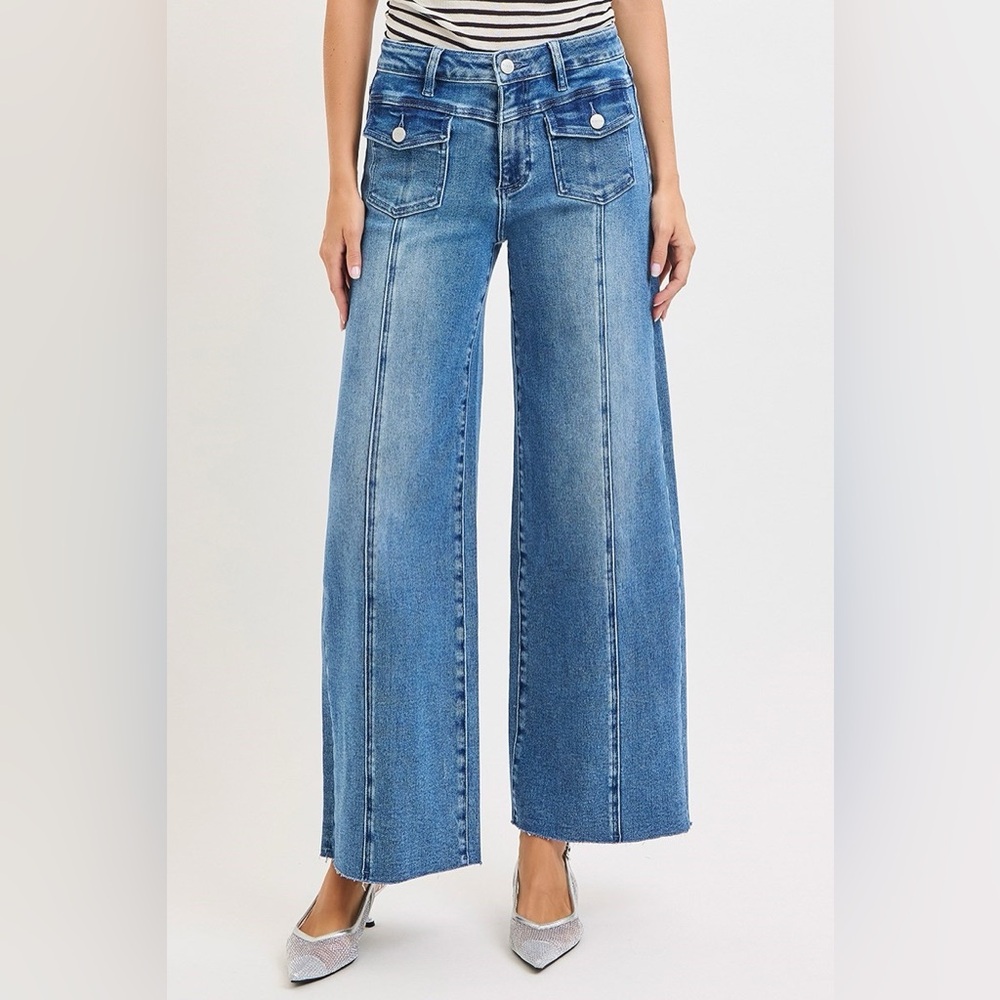 Front Seam Wide Leg Jeans with Utility Flap Pockets - Risen
